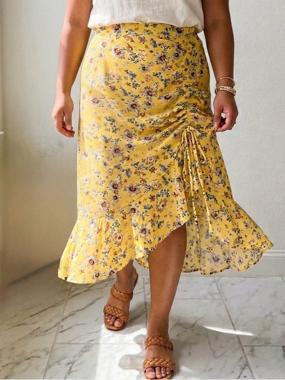 Max Studio Sunshine Yellow Botanical Floral Ruched High-Low Ruffle Midi Skirt L